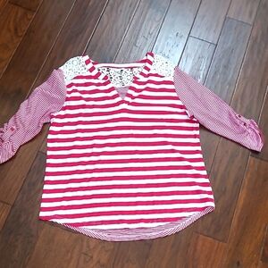 Coral Bay Red and White Striped Blouse with Lace Neck & Shoulders size 1X